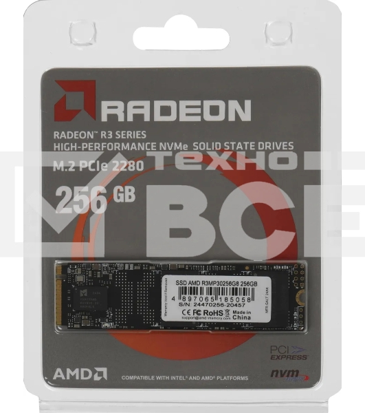 Накопитель SSD AMD Radeon R3MP30256G8, 256Gb, PCIe 3.0 x4, M.2 2280, NVMe, R/W 2000/1300