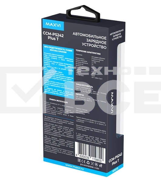 Автомобильное зарядное устройство Maxvi CCM-PS242 Plus T 2хUSB 2.4А + кабель Type-C 1м, белый