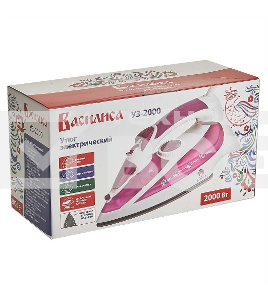 Утюг ВАСИЛИСА У3-2000 белый с сиреневым (2000 Вт. Тефлоновое покрытие подошвы. Индикатор нагрева утюга. Терморегулятор. 3 режима: сухое глажение, отпаривание, разбрызгивание воды. Возмож-ть регулировки степени отпаривания /вертикального отпаривания. Паров