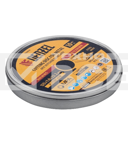 Круг отрезной по металлу Denzel WA60TBF 125х1.0х22.2мм в метал.банке, 10шт. 737610