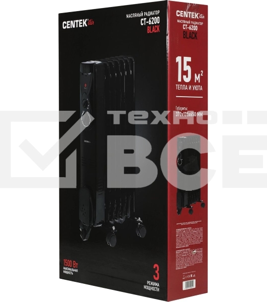 Масляный обогреватель Centek CT-6200 (7 секций) черный, 700/1000/1500Вт, 3 режима, механический термостат