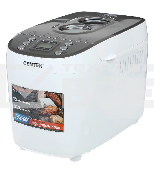 Хлебопечка Centek CT-1415 (бел/сталь) 1500 г БОЛЬШОЙ ОБЪЕМ, 860Вт, 15 программ, таймер, LCD, окошко