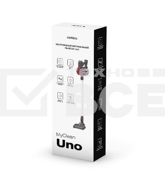 Пылесос вертикальный/ручной Rombica MYCLEAN UNO NHS16D01 красный/черный, питание от аккумулятора, 45 Вт, уборка сухая, пылесборник 0.8 л, работа от АКБ max - 40 мин