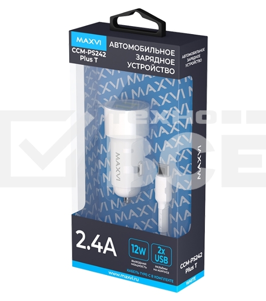 Автомобильное зарядное устройство Maxvi CCM-PS242 Plus T 2хUSB 2.4А + кабель Type-C 1м, белый