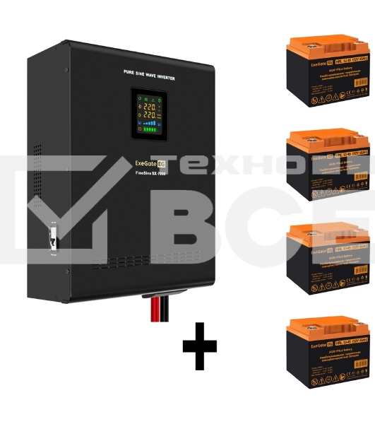 Комплект ИБП EX296005RUS + батарея 45Aч EX285666RUS 4шт (инвертор, синус, для котла, настенный) ExeGate FineSine SX-7000.LCD.AVR.2SH.T <7000VA/5000W, чистая синусоида, цветной LCD-дисплей, AVR, 2*Schuko+клеммы, линейно-интерактивный, крепление настенное, 
