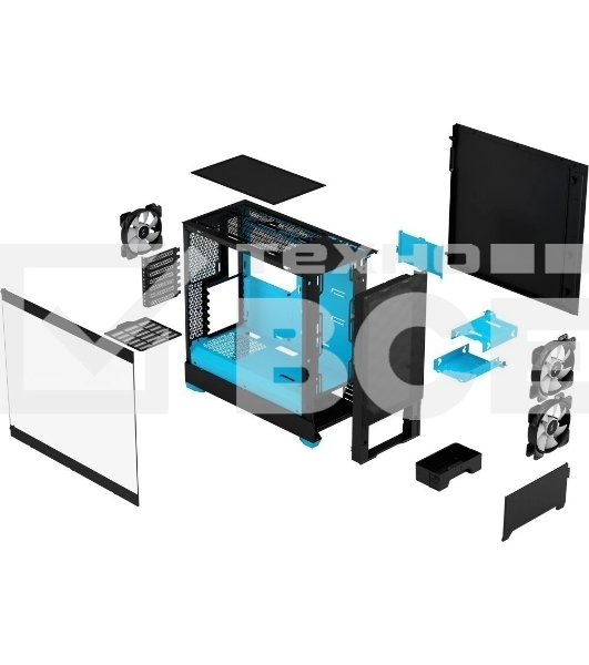 Компьютерный корпус без блока питания Fractal Design Pop Air RGb Cyan Core TG Clear Tint, Midi-Tower, 3x120мм RGb, 2xUSB-A 3.2 ATX, mATX, mITX черный/циан