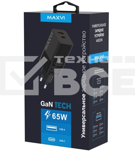 Сетевое зарядное устройство Maxvi A482GN 65W, 1xUSB-A, 1xUSB-C, черный
