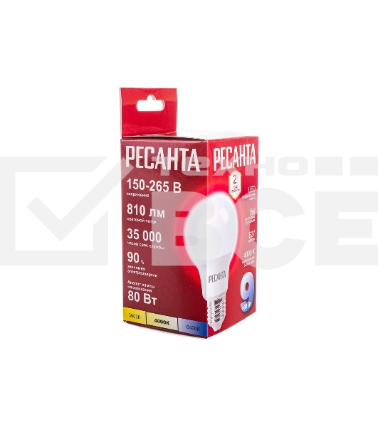 Лампа светодиодная Ресанта LL-R-A60-9W-230-4K-E27 груша, 9 Вт, нейтр., Е27