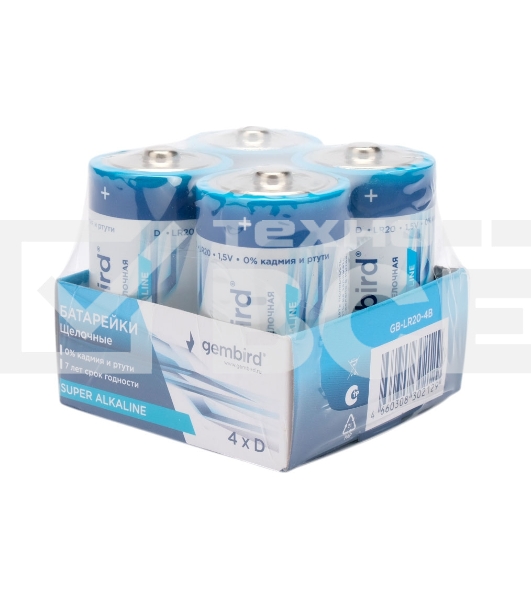 Батарейки щелочные/алкалиновые Gembird GB-LR20-4B, тип D(LR20), 4шт, коробка