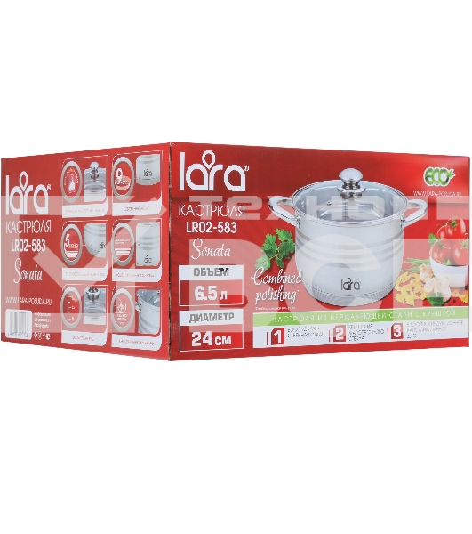 Кастрюля LARA LR02-583 SONATA 24x14,5 см, 6.5 л, нержавеющая сталь, индукция, с крышкой