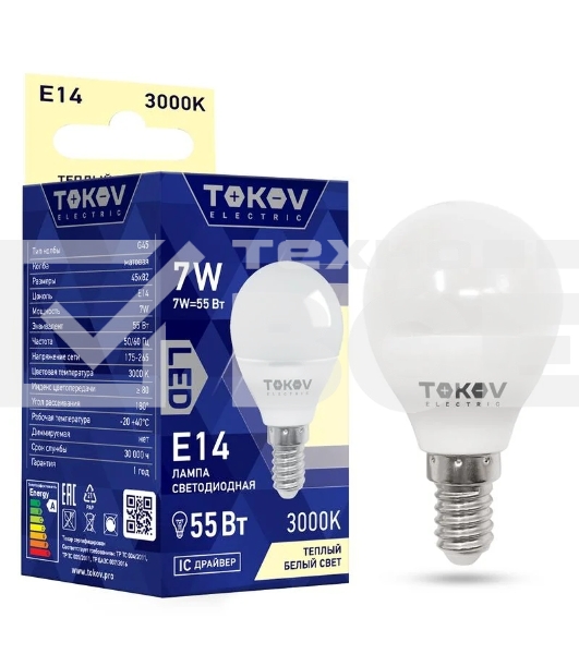 Лампа светодиодная TOKOV ELECTRIC 7Вт G45 3000К Е14 176-264В