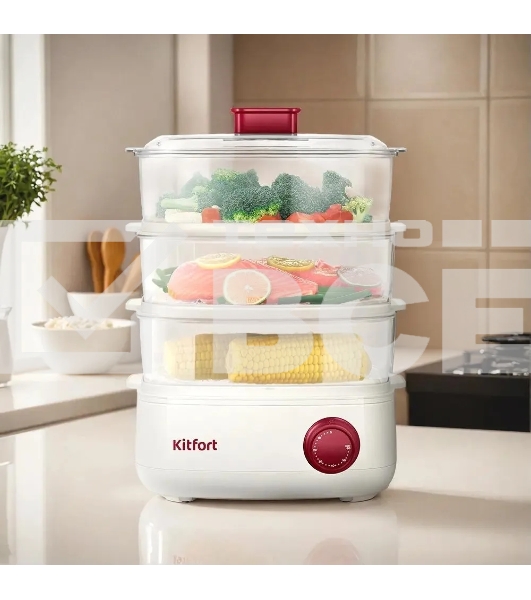 Пароварка Kitfort КТ-6830 3ярус. 800Вт белый/красный