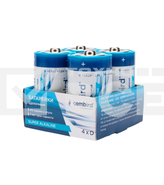 Батарейки щелочные/алкалиновые Gembird GB-LR20-4B, тип D(LR20), 4шт, коробка