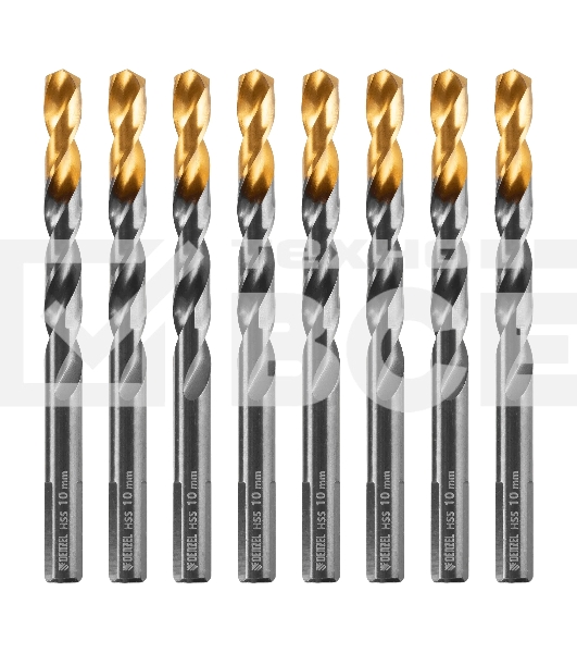Сверло по металлу Denzel 10 мм, HSS-Tin, Golden Tip, 8 шт.