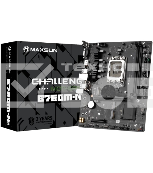 Материнская плата Maxsun Challenger B760M D5, LGA 1700, Intel B760, 2xDDR5, 3xSATA, 2xM.2, 1xPCIe 4.0 x16, 1xPCIe x4, 1xVGA, 1xHDMI, 1x 1Gb LAN, 2xUSB-A 2.0, 4xUSB-A 3.2 Gen 1, 5.1, mATX
