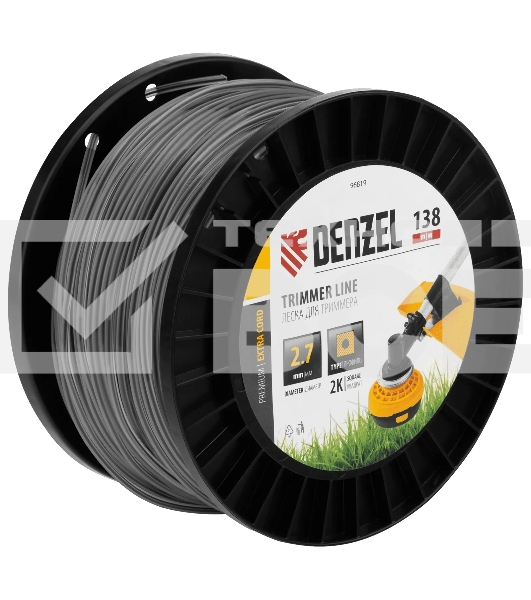 Леска для триммера Denzel двухкомпонентная квадрат, 2,7 мм х 138 м, на DIN катушке EXTRA CORD