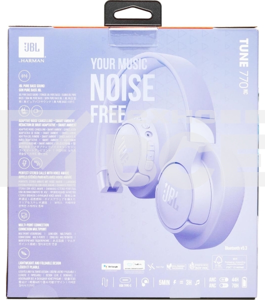 Беспроводные/проводные наушники JBL Tune 770NC фиолетовый, полноразмерные, Bluetooth + проводной, активное шумоподавление, до 70 ч