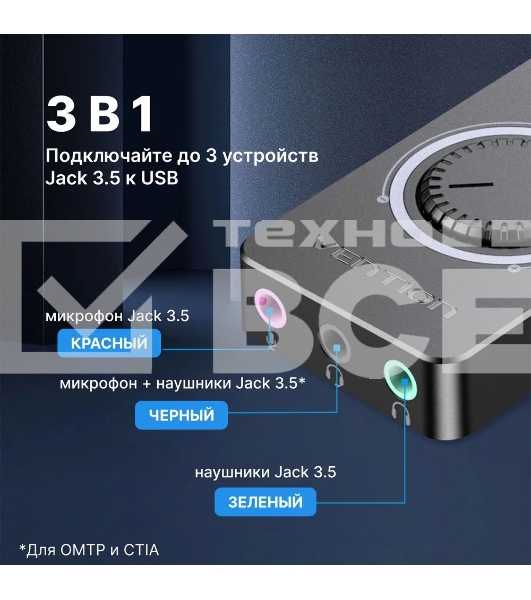 Внешняя звуковая карта Vention USB c регулятором громкости Черная