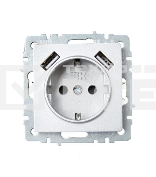 Розетка 1-местная IEK BRITE РЮш10-2-БрА (BR-R14-16-U21-D31-K47) с заземлением, с защитными шторками, 16А, с USB A+A 5В 3,1А, алюминий