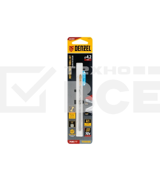 Сверло спиральное по металлу Denzel 4,2 х 119 мм, Р6М5, Golden Tip, удлиненное