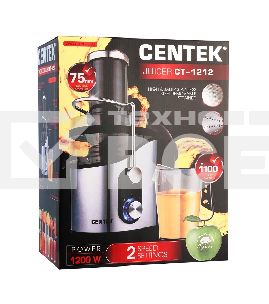 Соковыжималка Centek CT-1212 (черный/сталь) 1200Вт, 2 скор., стакан 1100 мл, горловина 75мм