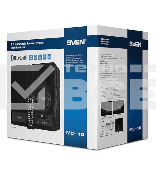 Акустическая система 2.0 SVEN MC-10, чёрный, мощность 2x25Вт (RMS), FM-тюнер, USB/microSD, дисплей, пульт ДУ, Bluetooth SVEN MC-10, чёрный, акустическая система 2.0, мощность 2x25Вт (RMS), FM-тюнер, USB/microSD, дисплей, пульт ДУ, Bluetooth
