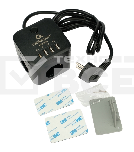 Сетевой фильтр Cablexpert Cube CUBE-3-CU3-B-1.5, 3р, 10А, 1xType-C PD, 3xUSB, 1.5м, ур.защиты 4+, черный, коробка