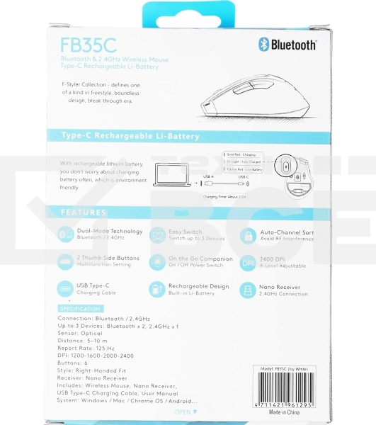 Мышь беспроводная A4Tech Fstyler FB35C белый, 2000 dpi, радиоканал, Bluetooth, USB, кнопки - 6