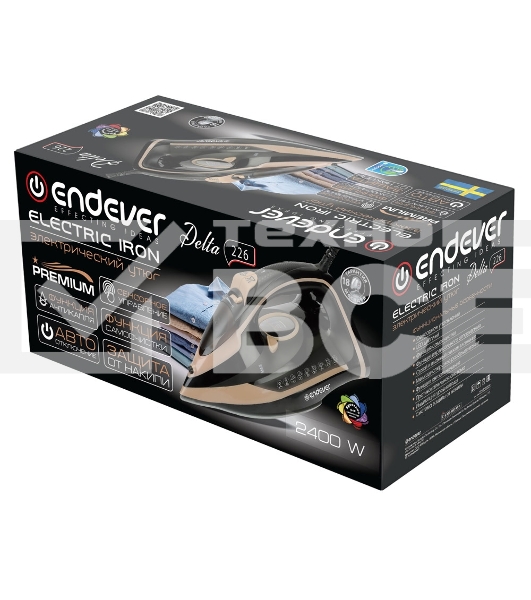 Утюг электрический Endever Delta-226, черный/бежевый, Мощность 2400 Вт, Подача пара до 45 г/мин, Паровой удар 160 г/мин, 8 шт/уп