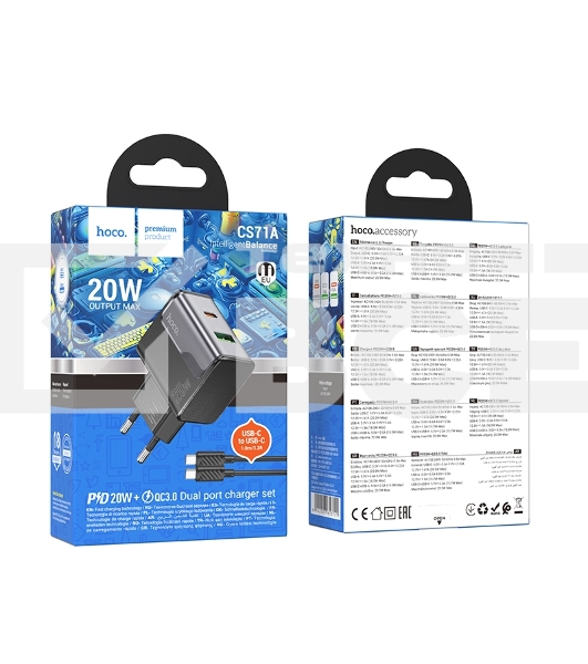 Сетевое зарядное устройство HOCO CS71Aaa 1USB+1Type-C 3.0A PD 20W+QC3.0 для Type-C Type-C,1м Midnight черный