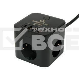 Сетевой фильтр Cablexpert Cube CUBE-3-CU3-B-1.5, 3р, 10А, 1xType-C PD, 3xUSB, 1.5м, ур.защиты 4+, черный, коробка