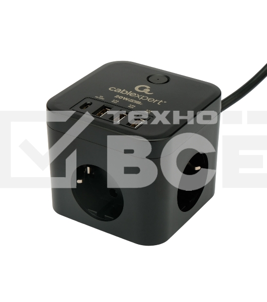 Сетевой фильтр Cablexpert Cube CUBE-3-CU3-B-1.5, 3р, 10А, 1xType-C PD, 3xUSB, 1.5м, ур.защиты 4+, черный, коробка