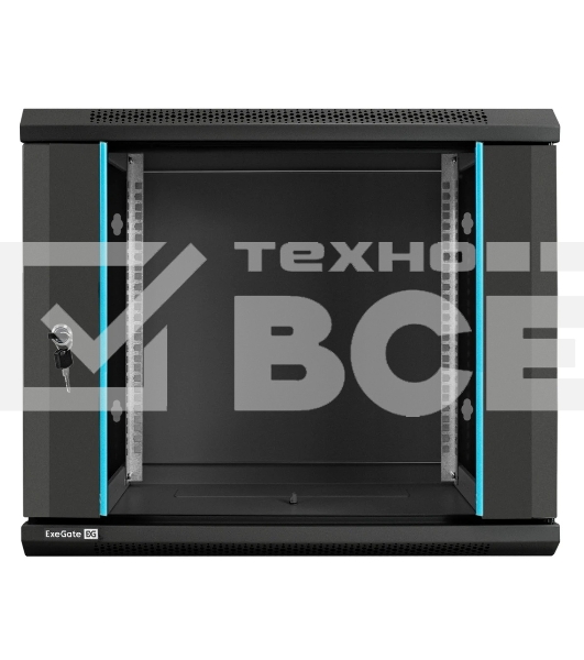 Шкаф телекоммуникационный 19' настенный 9U ExeGate EC-WM-9U.600.G.BLACK (19', 9U, 600x600x500мм (ШхГхВ), передняя дверь закаленное стекло, съемные боковые панели, пыле- и влагозащита IP23, черный RAL 9004)