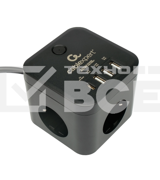Сетевой фильтр Cablexpert Cube CUBE-3-CU3-B-1.5, 3р, 10А, 1xType-C PD, 3xUSB, 1.5м, ур.защиты 4+, черный, коробка