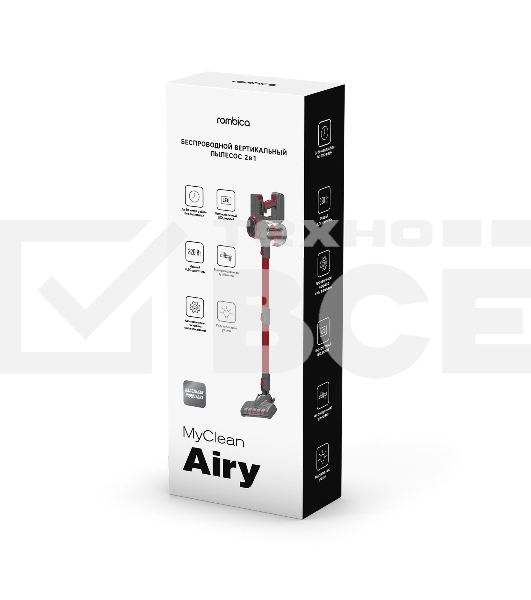 Пылесос вертикальный Rombica MYCLEAN AIRY NHS30D01 красный/чёрный, питание - от аккумулятора, 90 Вт, уборка сухая, пылесборник 0.8 л, работа от АКБ max - 60 мин