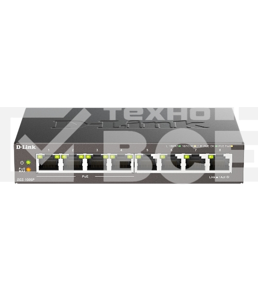 Неуправляемый коммутатор D-Link DGS-1008P/F3A с 8 портами 10/100/1000Base-T (4 порта PoE 802.3af/at, PoE-бюджет 60 Вт)