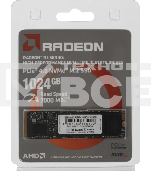 Накопитель SSD AMD Radeon R3MP41024G8, 1Tb, PCIe 4.0 x4, M.2 2280, NVMe, R/W 7000/5900