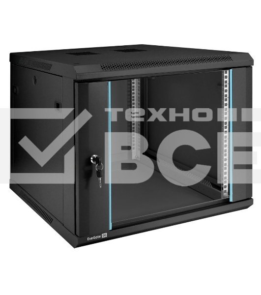 Шкаф телекоммуникационный 19' настенный 9U ExeGate EC-WM-9U.600.G.BLACK (19', 9U, 600x600x500мм (ШхГхВ), передняя дверь закаленное стекло, съемные боковые панели, пыле- и влагозащита IP23, черный RAL 9004)