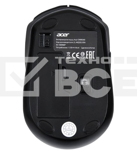 Мышь беспроводная Acer OMR040 черный, 1600 dpi, радиоканал, USB, кнопки - 6