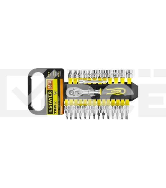 Набор головок STAYER 27754-H28 standard: 1/4 на пластик рельсе трещотка удл-тель 4-13мм 28пр.