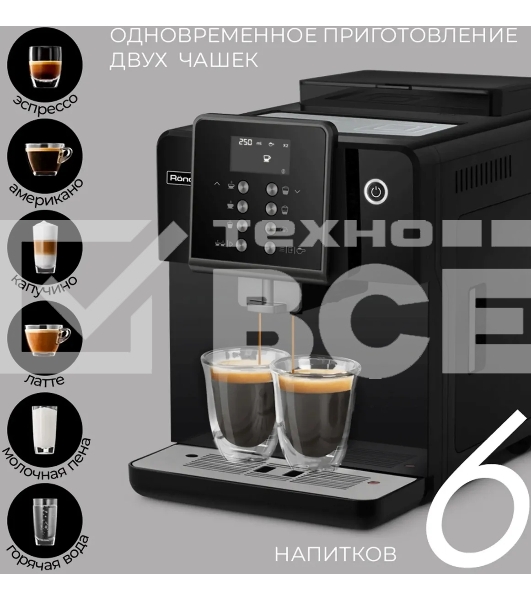 Кофемашина автоматическая Rondell RDE-1107 черный, исп. кофе - молотый/зерновой, 1.6 л, 1350 Вт, 19 бар