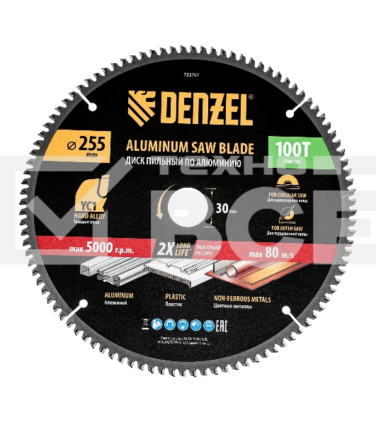 Пильный диск по алюминию Denzel ф255 х 30 мм, 100 зубьев