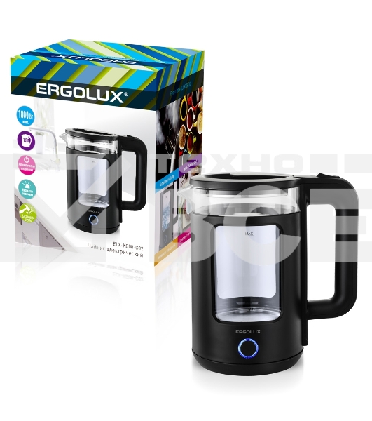 Чайник электрический ELX-KG08-C02 стекло/пластик 1.8л 220-240В 1800Вт черный Ergolux 15333