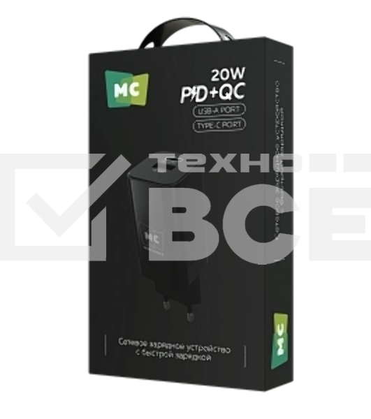 Сетевое зарядное устройство MORE CHOICE NC85 1USB+1Type-C 3.0A PD 20W+QC3.0, черный