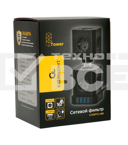 Сетевой фильтр Cablexpert Tower TWR-9-U4-B-2, 9р, 16А, 4хUSB, 3.1А, 2м, ур.защиты 4+, черный, коробка