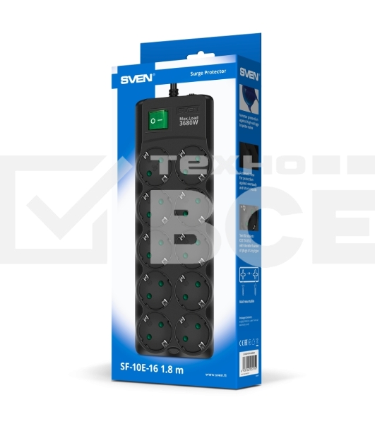 Сетевой фильтр SVEN SF-10E-16 1,8 м (10 розеток) черный