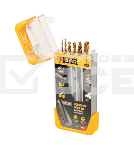 Набор сверл по металлу Denzel 2-3-4-5-6-8 мм, HSS-Tin, Golden Tip, 6 шт