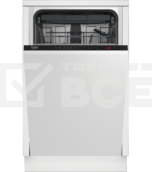 Встраиваемая посудомоечная машина Beko BDIS1W861, 45 СМ, 9 комплектов посуды, 5 программ мойки, 3 корзина, уровень шума 55 дБ, стандартный мотор, частичная защита от протечек Overflow Safety, функция Таблетка, половинная загрузка, кнопочное управление