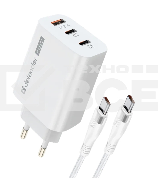 Сетевое зарядное устройство Defender СЗУ UPС-60 65W, USB A+C+С, кабель Type-C