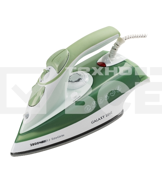 Утюг Galaxy Line GL 6134, зеленый с белым, паровой, 2800 Вт, керамическое покрытие EasyGlide, функции: самоочистка, антикапля, антинакипь, указатель максимального уровня воды, индикатор нагрева, вертикальное отпаривание, паровой удар, регулировка подачи п